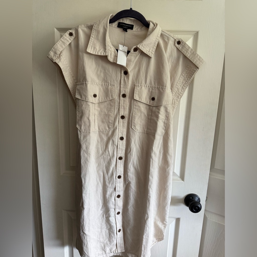 Cream Sleeveless Mini Shirt Dress with Notched Collar